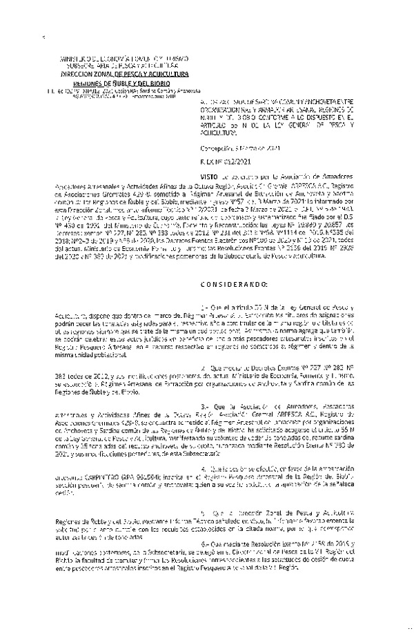 Res. Ex. N° 012-2021 (DZP Ñuble y del Biobío) Autoriza cesión Sardina Común y Anchoveta Región de Ñuble-Biobío (Publicado en Página Web 04-03-2021)