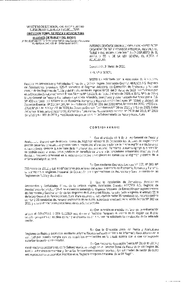 Res. Ex. N° 013-2021 (DZP Ñuble y del Biobío) Autoriza cesión Sardina Común y Anchoveta Región de Ñuble-Biobío (Publicado en Página Web 04-03-2021)