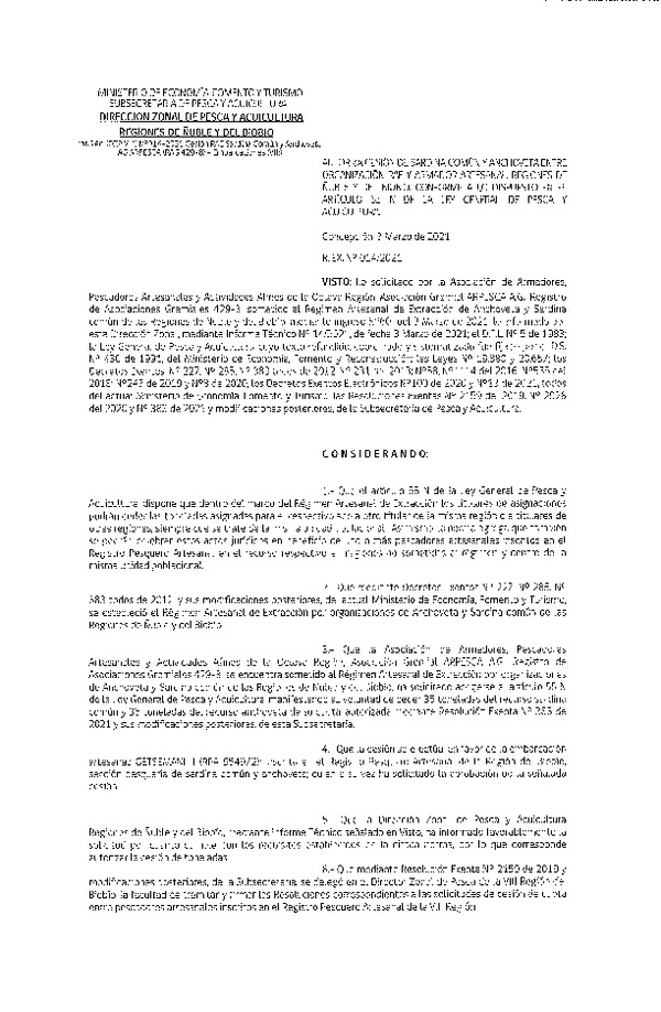 Res. Ex. N° 014-2021 (DZP Ñuble y del Biobío) Autoriza cesión Sardina Común y Anchoveta Región de Ñuble-Biobío (Publicado en Página Web 04-03-2021)