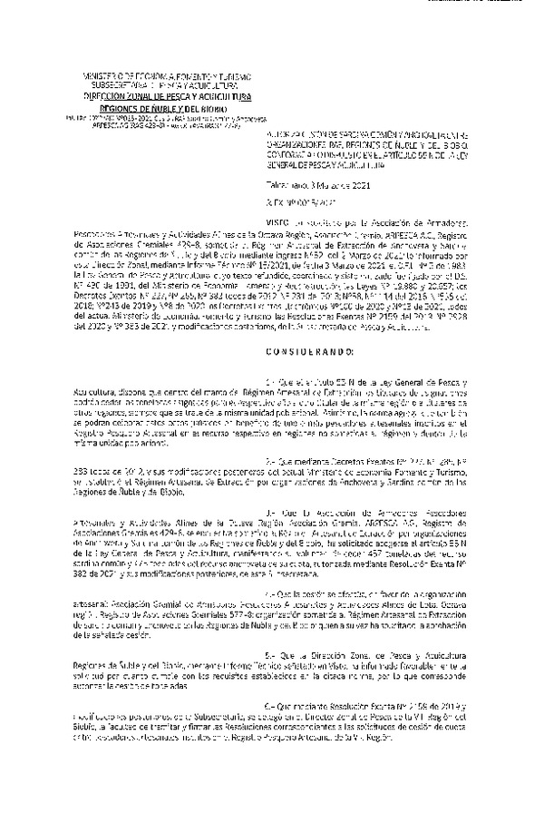 Res. Ex. N° 015-2021 (DZP Ñuble y del Biobío) Autoriza cesión Sardina Común y Anchoveta Región de Ñuble-Biobío (Publicado en Página Web 04-03-2021)