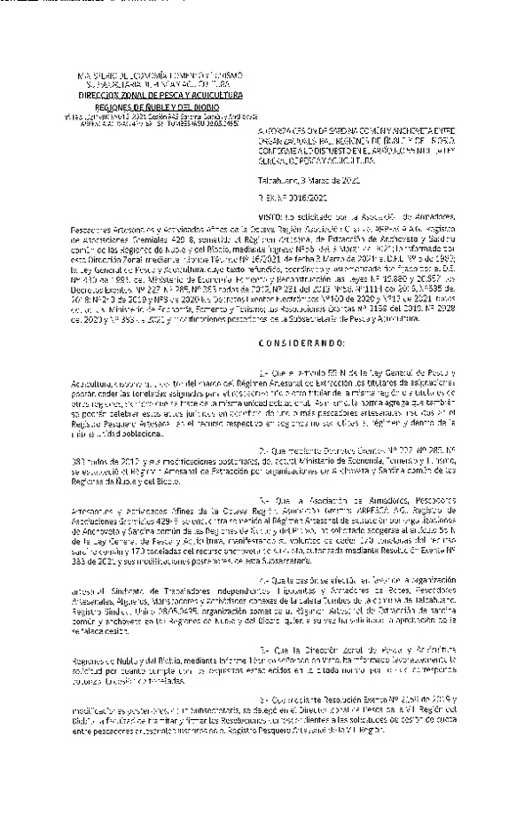 Res. Ex. N° 016-2021 (DZP Ñuble y del Biobío) Autoriza cesión Sardina Común y Anchoveta Región de Ñuble-Biobío (Publicado en Página Web 04-03-2021)