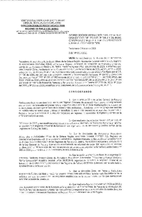 Res. Ex. N° 017-2021 (DZP Ñuble y del Biobío) Autoriza cesión Sardina Común y Anchoveta Región de Ñuble-Biobío (Publicado en Página Web 04-03-2021)