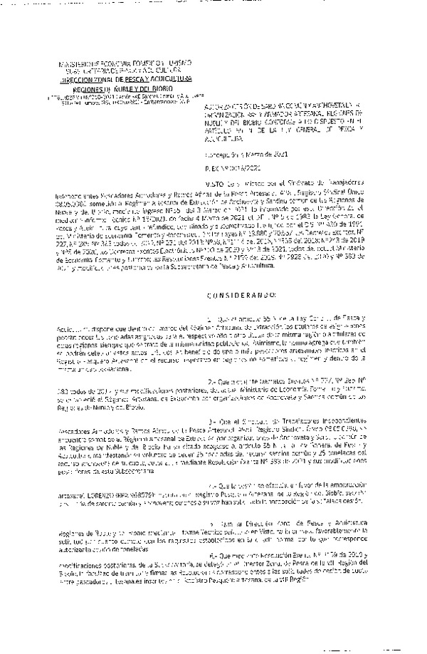 Res. Ex. N° 018-2021 (DZP Ñuble y del Biobío) Autoriza cesión Sardina Común y Anchoveta Región de Ñuble-Biobío (Publicado en Página Web 04-03-2021)