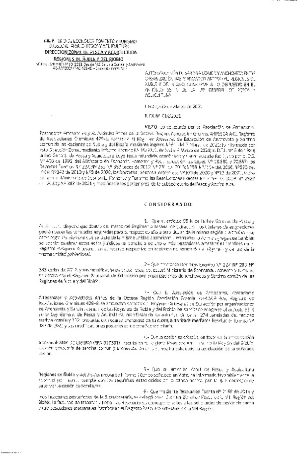 Res. Ex. N° 019-2021 (DZP Ñuble y del Biobío) Autoriza cesión Sardina Común y Anchoveta Región de Ñuble-Biobío (Publicado en Página Web 04-03-2021)