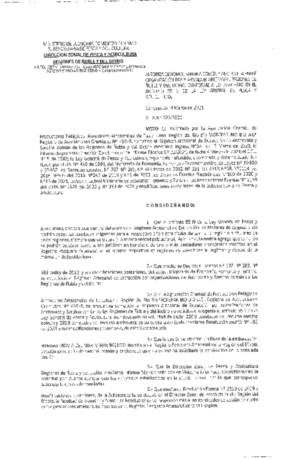 Res. Ex. N° 022-2021 (DZP Ñuble y del Biobío) Autoriza cesión Sardina Común y Anchoveta Región de Ñuble-Biobío (Publicado en Página Web 04-03-2021)