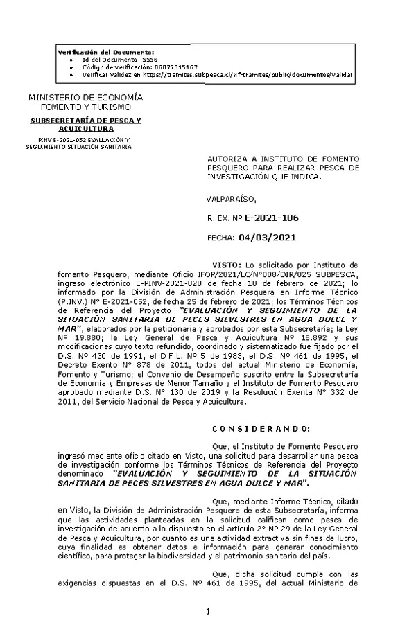 R. EX. Nº E-2021-106 EVALUACIÓN Y SEGUIMIENTO DE LA SITUACIÓN SANITARIA DE PECES SILVESTRES EN AGUA DULCE Y MAR. (Publicado en Página Web 04-03-2021)
