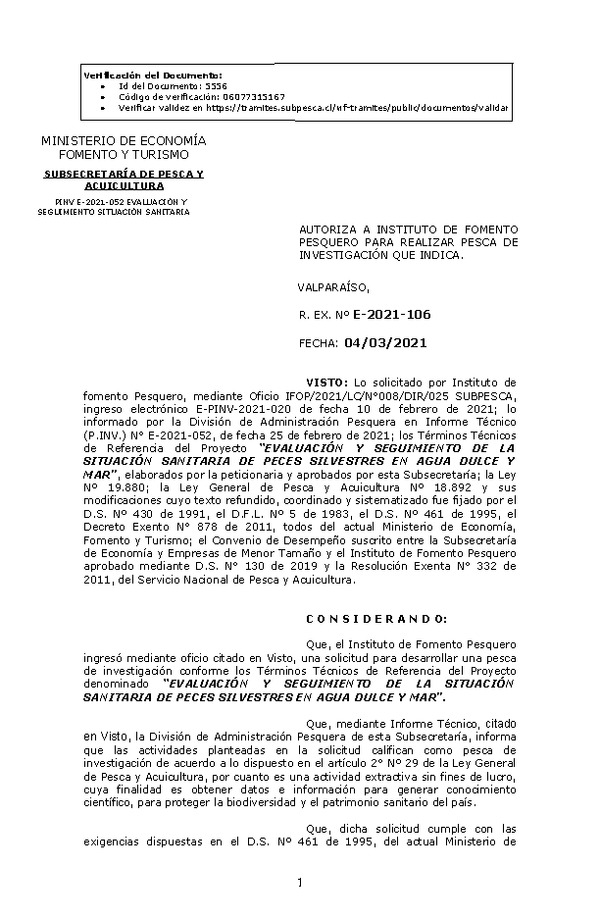 R. EX. Nº E-2021-106 EVALUACIÓN Y SEGUIMIENTO DE LA SITUACIÓN SANITARIA DE PECES SILVESTRES EN AGUA DULCE Y MAR. (Publicado en Página Web 04-03-2021)