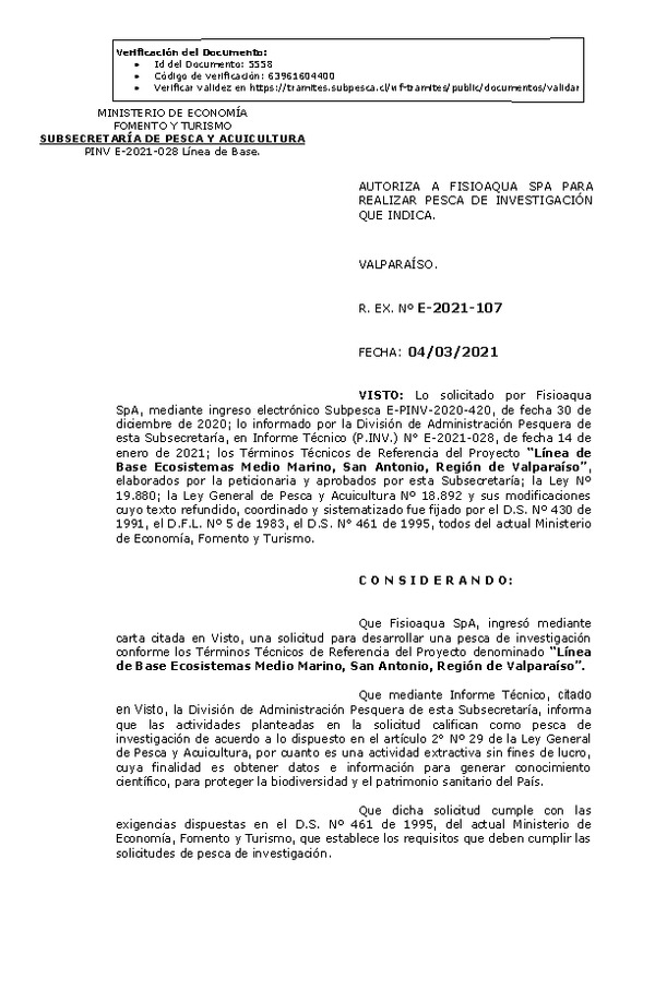 R. EX. Nº E-2021-107 Línea de Base Ecosistemas Medio Marino, San Antonio, Región de Valparaíso. (Publicado en Página Web 04-03-2021)