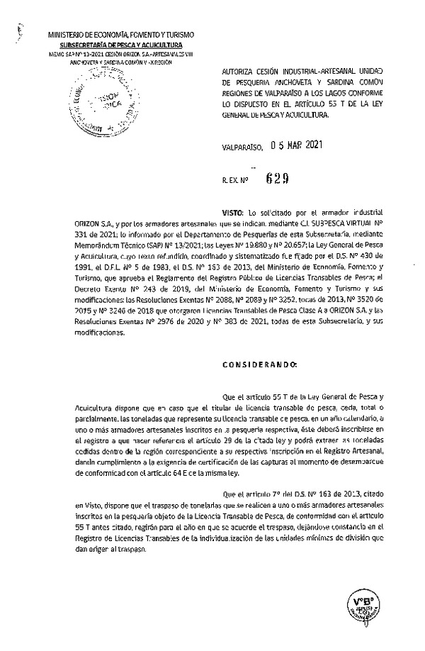 Res. Ex. N° 629-2021 Autoriza cesión pesquería Anchoveta y Sardina común, Regiones de Valparaíso a Los Lagos. (Publicado en Página Web 05-03-2021)