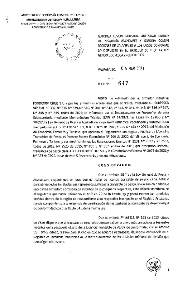 Res. Ex. N° 647-2021 Autoriza cesión pesquería Anchoveta y Sardina común, Regiones de Valparaíso a Los Lagos. (Publicado en Página Web 05-03-2021)