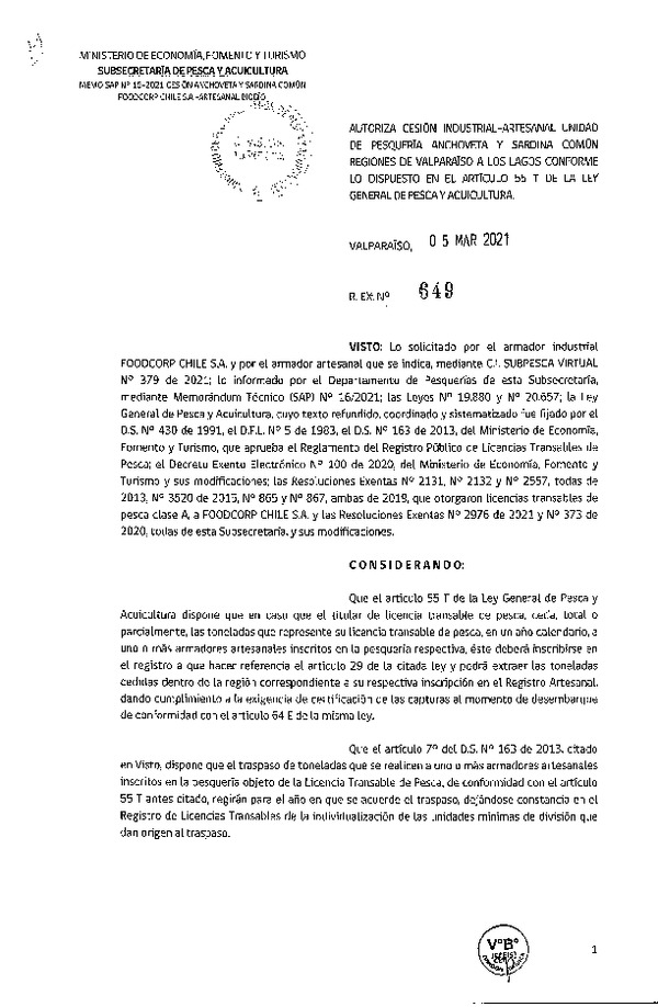 Res. Ex. N° 649-2021 Autoriza cesión pesquería Anchoveta y Sardina común, Regiones de Valparaíso a Los Lagos. (Publicado en Página Web 05-03-2021)