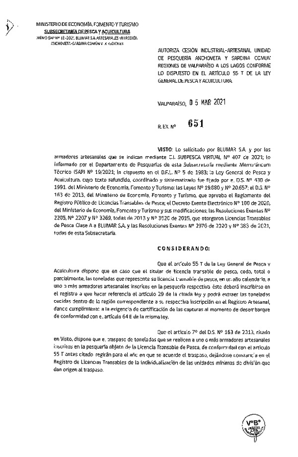 Res. Ex. N° 651-2021 Autoriza cesión pesquería Anchoveta y Sardina común, Regiones de Valparaíso a Los Lagos. (Publicado en Página Web 05-03-2021)