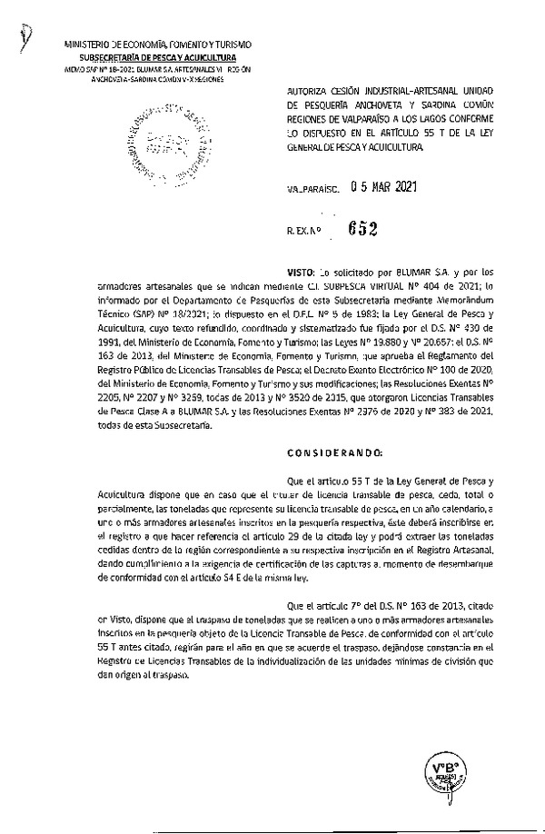 Res. Ex. N° 652-2021 Autoriza cesión pesquería Anchoveta y Sardina común, Regiones de Valparaíso a Los Lagos. (Publicado en Página Web 05-03-2021)