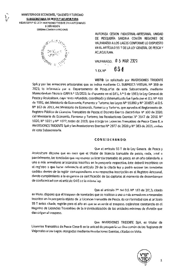 Res. Ex. N° 654-2021 Autoriza cesión pesquería Anchoveta y Sardina común, Regiones de Valparaíso a Los Lagos. (Publicado en Página Web 05-03-2021)