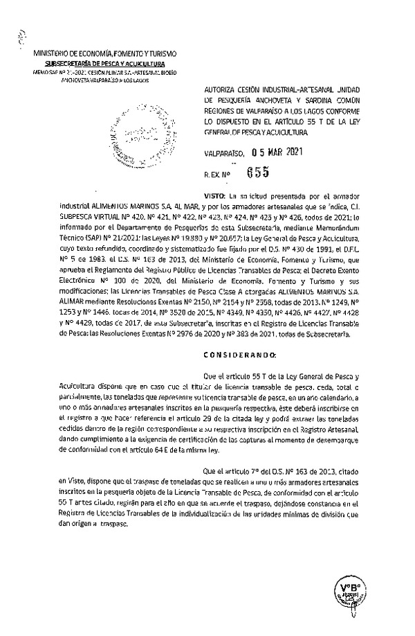 Res. Ex. N° 655-2021 Autoriza cesión pesquería Anchoveta y Sardina común, Regiones de Valparaíso a Los Lagos. (Publicado en Página Web 05-03-2021)