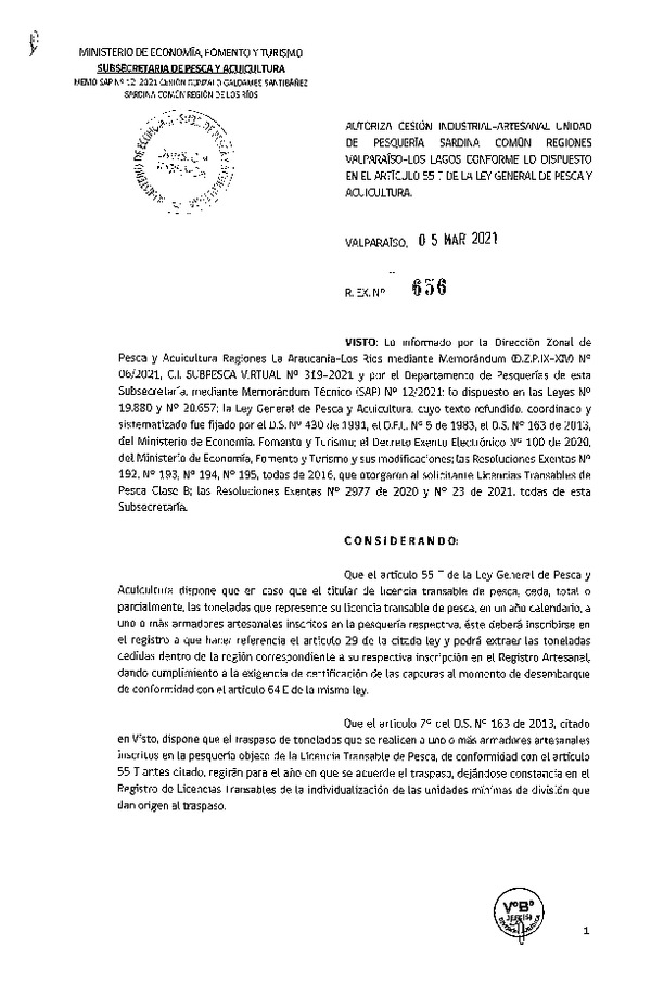 Res. Ex. N° 656-2021 Autoriza cesión pesquería Sardina común, Regiones de Valparaíso a Los Lagos. (Publicado en Página Web 05-03-2021)