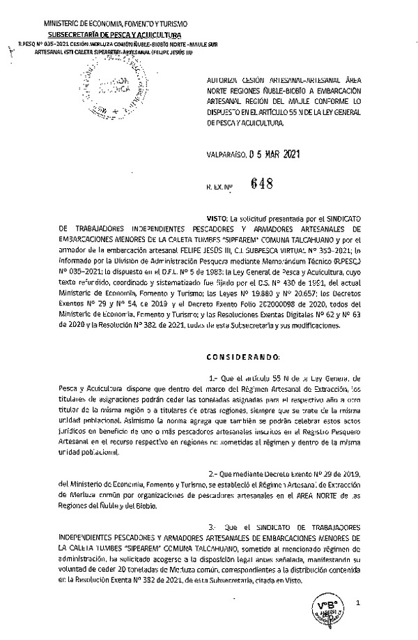 Res. Ex. N° 648-2021 Autoriza cesión Merluza común Regiones Ñuble - Biobío a Región del Maule. (Publicado en Página Web 05-03-2021)