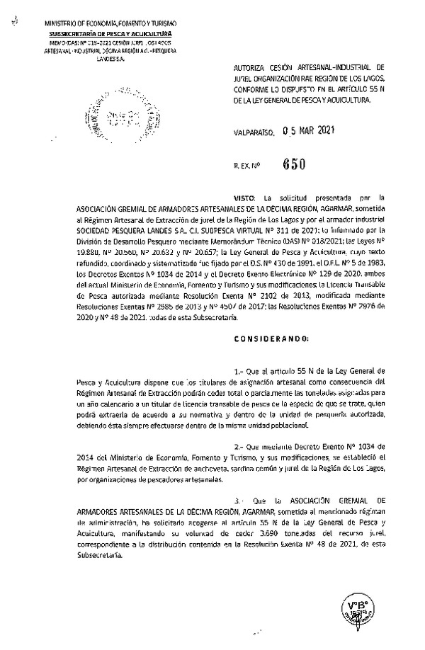 Res Ex N° 650-2021, Autoriza Cesión de Jurel Región de Los Lagos. (Publicado en Página Web 05-03-2021).