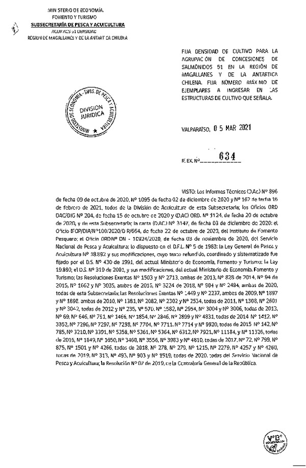 Res. Ex N° 634-2021 Fija densidad de cultivo para la agrupación de concesiones de Salmónidos 51, Región de Magalanes y de La Antártica Chilena. (Con Informe Técnico) (Publicado en Página Web 09-03-2021).