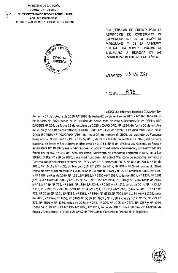 Res. Ex N° 635-2021 Fija densidad de cultivo para la agrupación de concesiones de Salmónidos 47B, Región de Magalanes y de La Antártica Chilena. (Con Informe Técnico) (Publicado en Página Web 09-03-2021).