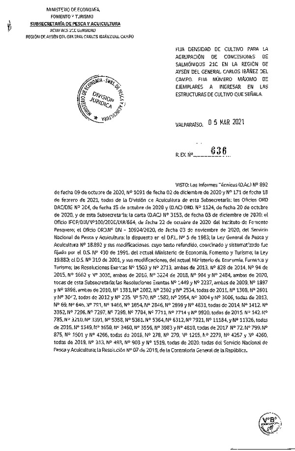 Res. Ex N° 636-2021 Fija densidad de cultivo para la agrupación de concesiones de Salmónidos 21C, Región de Aysén. (Con Informe Técnico) (Publicado en Página Web 09-03-2021).