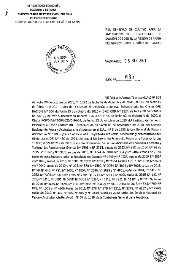 Res. Ex N° 637-2021 Fija densidad de cultivo para la agrupación de concesiones de Salmónidos 26B, Región de Aysén. (Con Informe Técnico) (Publicado en Página Web 09-03-2021).