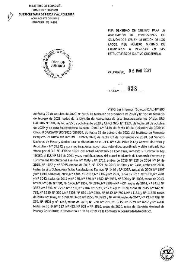 Res. Ex N° 638-2021 Fija densidad de cultivo para la agrupación de concesiones de Salmónidos 17B, Región de Los Lagos. (Con Informe Técnico) (Publicado en Página Web 09-03-2021).