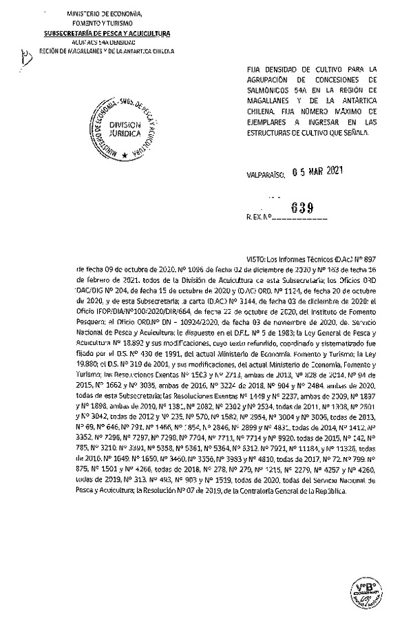 Res. Ex N° 639-2021 Fija densidad de cultivo para la agrupación de concesiones de Salmónidos 54A, Región de Magallanes y de La Antártica Chilena. (Con Informe Técnico) (Publicado en Página Web 09-03-2021).