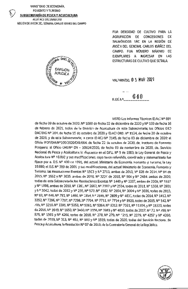 Res. Ex N° 640-2021 Fija densidad de cultivo para la agrupación de concesiones de Salmónidos 18C, Región de Aysén. (Con Informe Técnico) (Publicado en Página Web 09-03-2021).