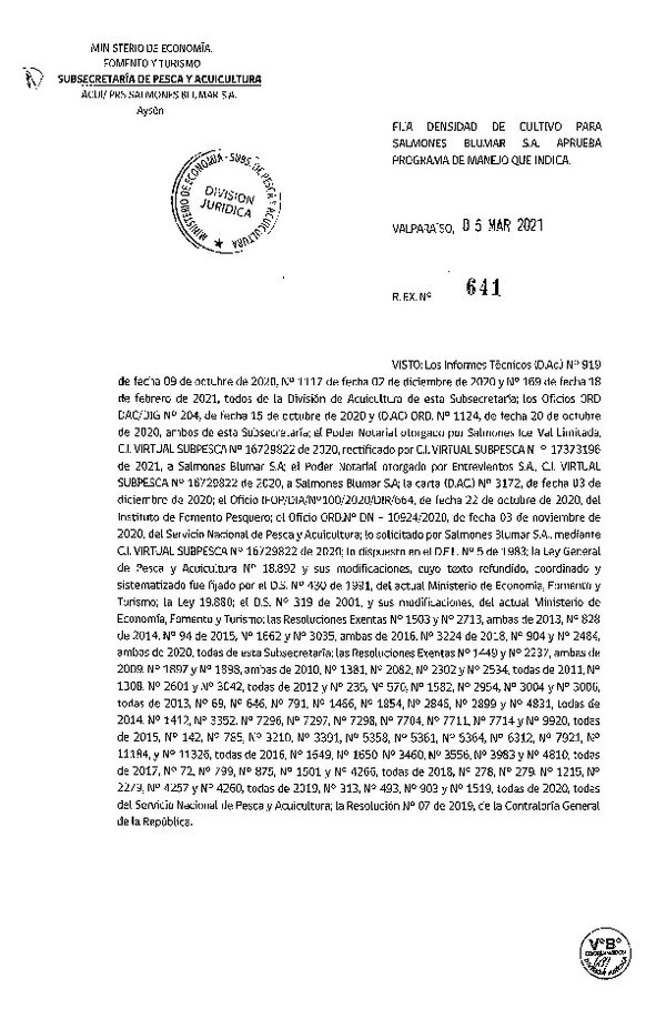 Res. Ex N° 641-2021 Fija densidad de cultivo para Salmones Blumar S.A. (Con Informe Técnico) (Publicado en Página Web 09-03-2021).