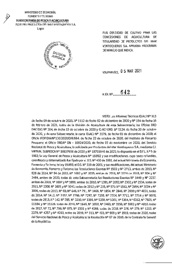 Res. Ex N° 642-2021 Fija densidad de cultivo para Productos del Mar Ventisqueros S.A. (Con Informe Técnico) (Publicado en Página Web 09-03-2021).