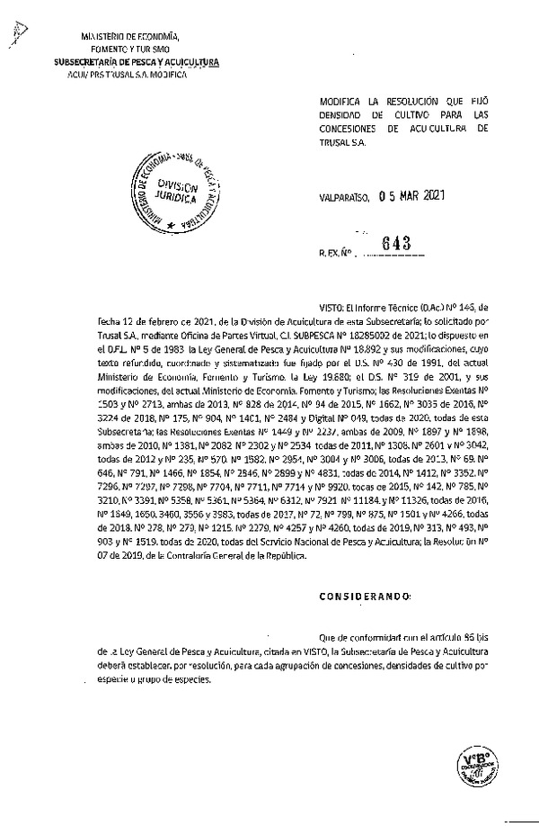 Res. Ex N° 643-2021 Modifica Res. Ex. N° 175-2020 Fija Densidad de Cultivo para las Concesiones de Acuicultura de Titularidad Trusal S.A. (Con Informe Técnico) (Publicado en Página Web 09-03-2021).