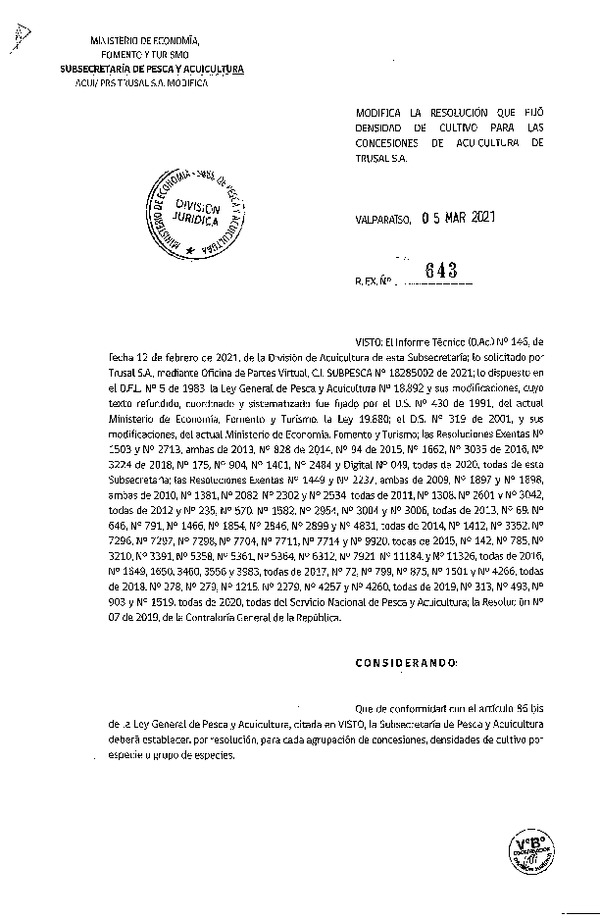 Res. Ex N° 643-2021 Modifica Res. Ex. N° 175-2020 Fija Densidad de Cultivo para las Concesiones de Acuicultura de Titularidad Trusal S.A. (Con Informe Técnico) (Publicado en Página Web 09-03-2021).