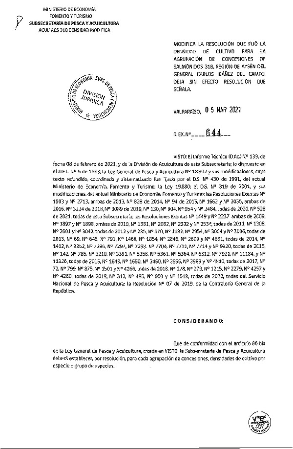 Res. Ex. N° 644-2021 Modifica Res. Ex. N° 3089-2019 Fija Densidad de Cultivo para la Agrupación de Concesiones de Salmónidos 31B, Región de Aysén del General Carlos Ibañez del Campo. (Con Informe Técnico) (Publicado en Página Web 09-03-2021)