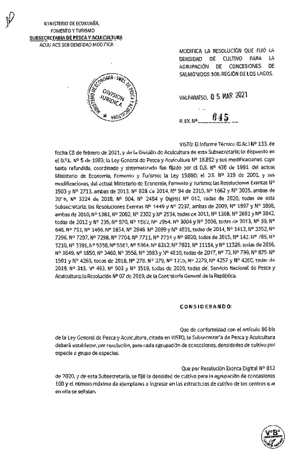 Res. Ex. N° 645-2021 Modifica Res. Ex. N° DIG 012-2020, Fija densidad de cultivo para las concesiones de acuicultura 10B, Región de Los Lagos. (Publicado en Página Web 09-03-2021)