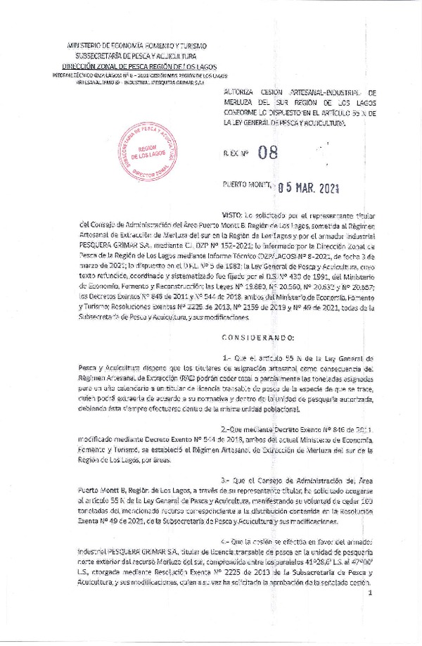 Res. Ex. N° 08-2021 (DZP Región de Los Lagos) Autoriza cesión Merluza del Sur (Publicado en Página Web 09-03-2021).