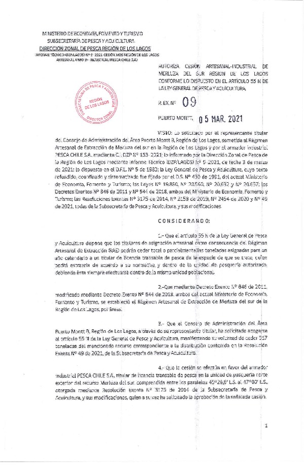 Res. Ex. N° 09-2021 (DZP Región de Los Lagos) Autoriza cesión Merluza del Sur (Publicado en Página Web 09-03-2021).