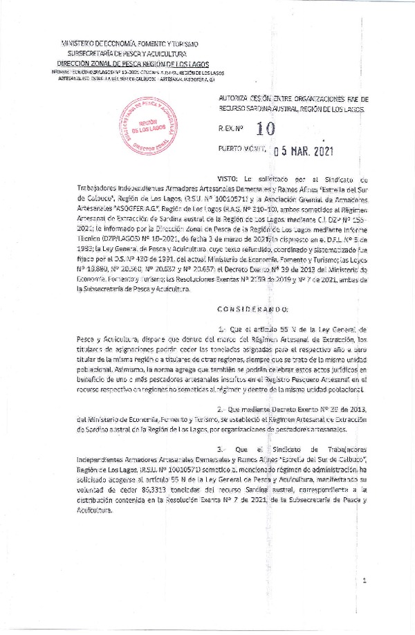 Res. Ex. 10-2021 (DZP Los Lagos) Autoriza cesión sardina austral Región de Los Lagos. (Publicado en Página Web 09-03-2021)