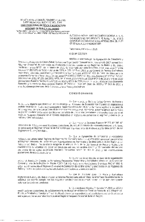 Res. Ex. N° 025-2021 (DZP Ñuble y del Biobío) Autoriza cesión Sardina Común y Anchoveta Región de Ñuble-Biobío (Publicado en Página Web 09-03-2021)