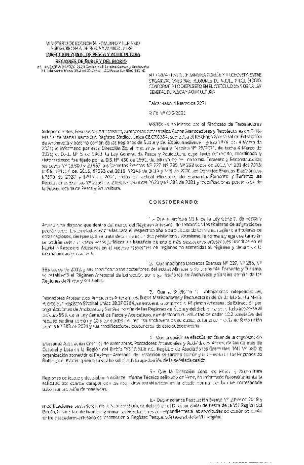 Res. Ex. N° 026-2021 (DZP Ñuble y del Biobío) Autoriza cesión Sardina Común y Anchoveta Región de Ñuble-Biobío (Publicado en Página Web 09-03-2021)