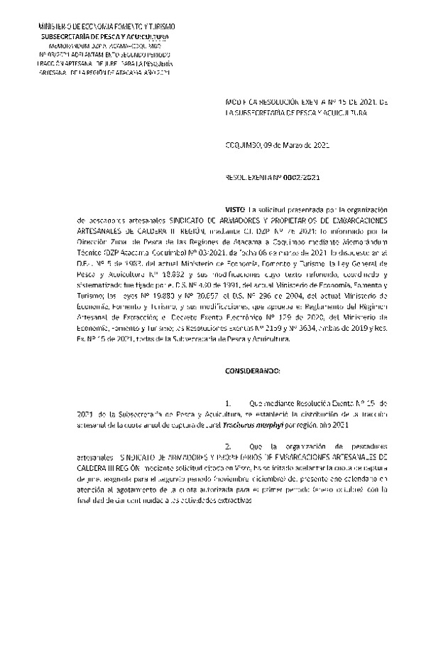 Res. Ex. N° 0002-2021 Modifica Res. Ex. N° 15-2021 Establece Distribución de las Fracciones Artesanales de Jurel por Región, Año 2021. (Publicado en Página Web 09-03-2021)