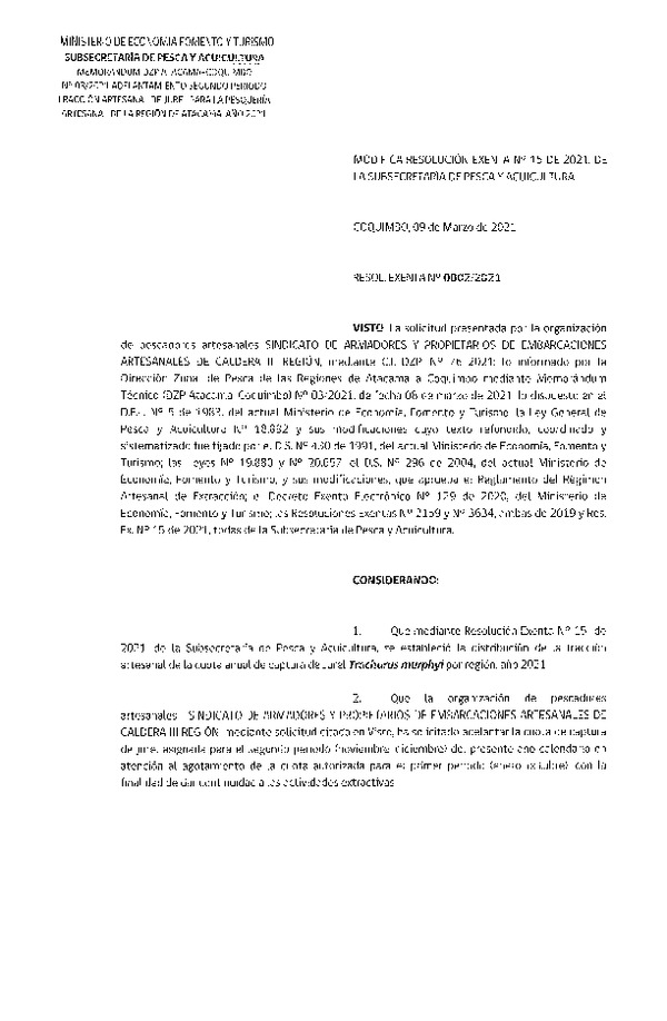 Res. Ex. N° 0002-2021 Modifica Res. Ex. N° 15-2021 Establece Distribución de las Fracciones Artesanales de Jurel por Región, Año 2021. (Publicado en Página Web 09-03-2021)