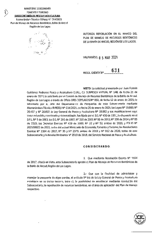 Res. Ex N° 631-2021 Autoriza Repoblación en el Marco del Plan de Manejo de Recursos Bentónicos de la Bahía de Ancud, Región de Los Lagos. (Publicado en Página Web 09-03-2021).