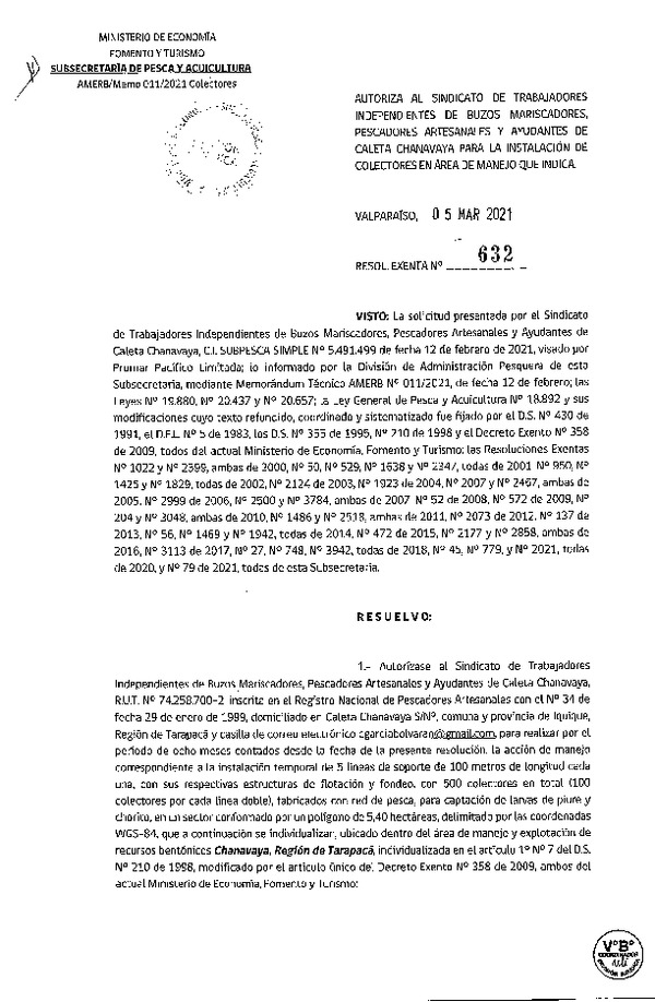 Res. Ex. N° 632-2021 Instalación de colectores. (Publicado en Página web 09-03-2021).
