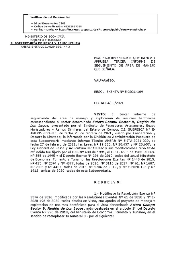 R. EX. Nº E-2021-109 Modifica Resolución que Indica. Aprueba 3° Seguimiento. (Publicado en Página Web 09-03-2021)