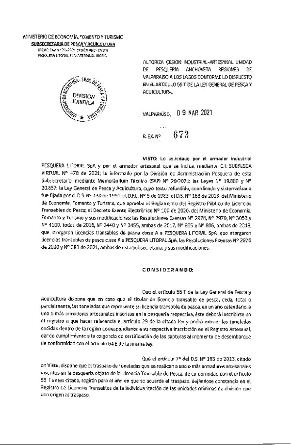Res. Ex. N° 673-2021 Autoriza cesión pesquería Anchoveta, Regiones de Valparaíso a Los Lagos. (Publicado en Página Web 09-03-2021)