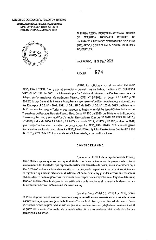 Res. Ex. N° 674-2021 Autoriza cesión pesquería Anchoveta, Regiones de Valparaíso a Los Lagos. (Publicado en Página Web 09-03-2021)