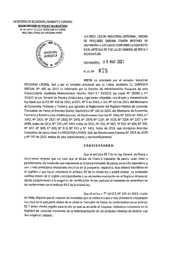 Res. Ex. N° 675-2021 Autoriza cesión pesquería Sardina común, Regiones de Valparaíso a Los Lagos. (Publicado en Página Web 09-03-2021)