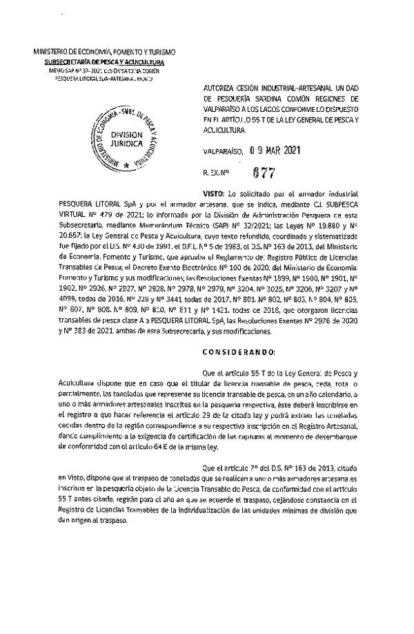 Res. Ex. N° 677-2021 Autoriza cesión pesquería Sardina común, Regiones de Valparaíso a Los Lagos. (Publicado en Página Web 09-03-2021)