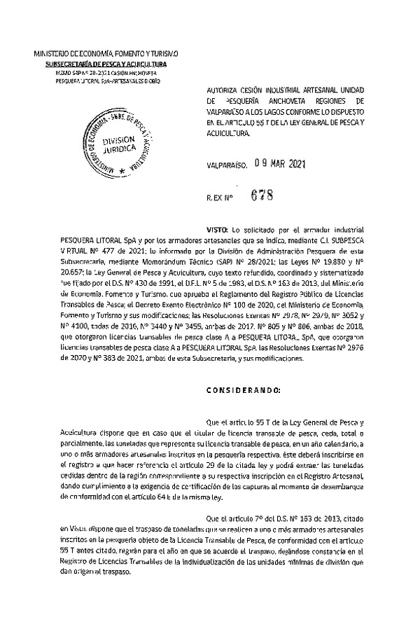 Res. Ex. N° 678-2021 Autoriza cesión pesquería Anchoveta, Regiones de Valparaíso a Los Lagos. (Publicado en Página Web 09-03-2021)